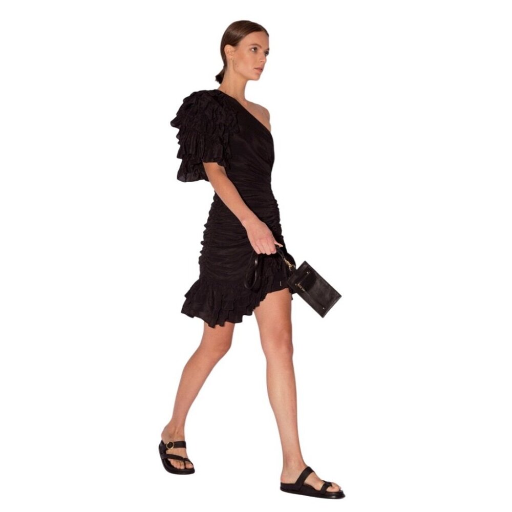 Magali Pascal Desa Black One-Shoulder Ruched Ruffle Adjustable Mini Dress Small - Picture 3 of 8
